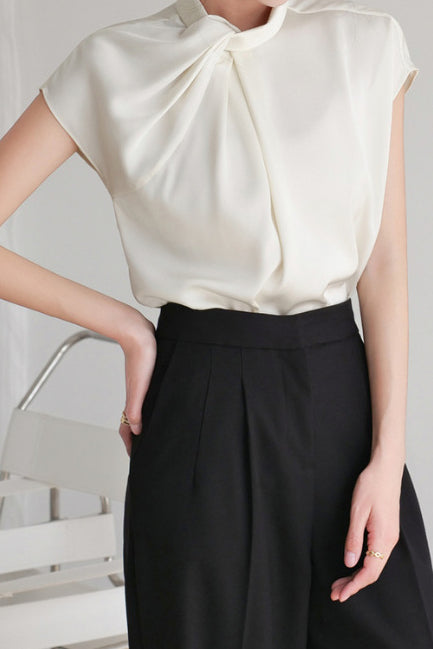 French-Style Twisted Pleat Commuting Shirt With Stand Collar - liwisi