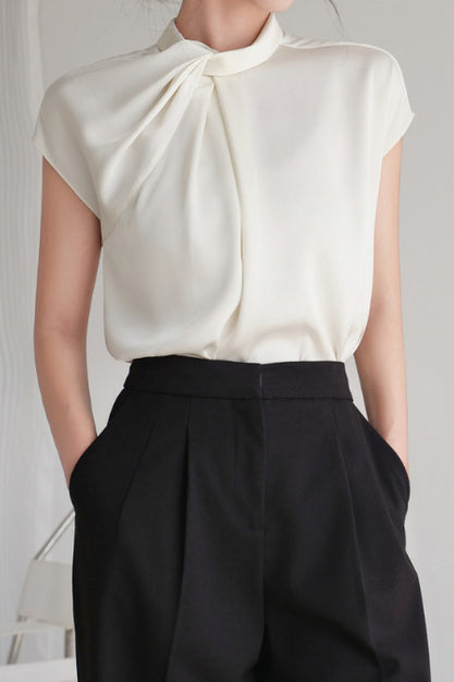 French-Style Twisted Pleat Commuting Shirt With Stand Collar - liwisi