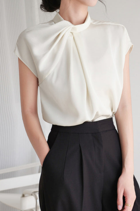 French-Style Twisted Pleat Commuting Shirt With Stand Collar - liwisi