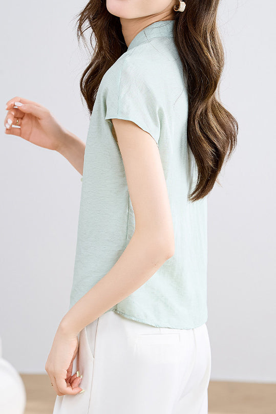 Elegant Tie-Neck Stand Collar Drop Shoulder Sleeve T-Shirt - liwisi