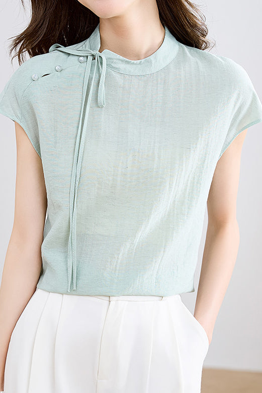 Elegant Tie-Neck Stand Collar Drop Shoulder Sleeve T-Shirt - liwisi