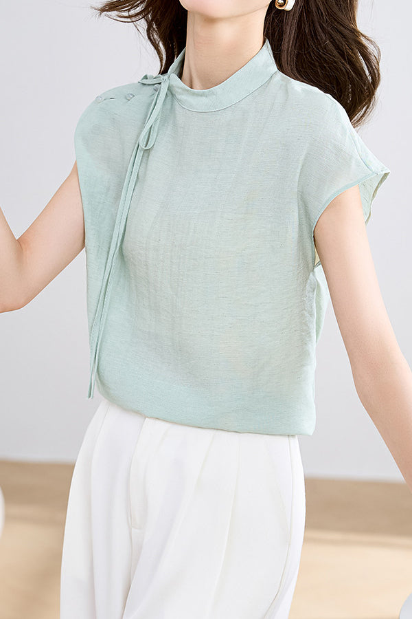 Elegant Tie-Neck Stand Collar Drop Shoulder Sleeve T-Shirt - liwisi