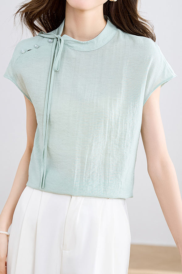 Elegant Tie-Neck Stand Collar Drop Shoulder Sleeve T-Shirt - liwisi