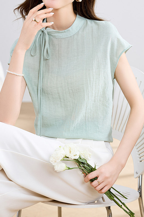 Elegant Tie-Neck Stand Collar Drop Shoulder Sleeve T-Shirt - liwisi