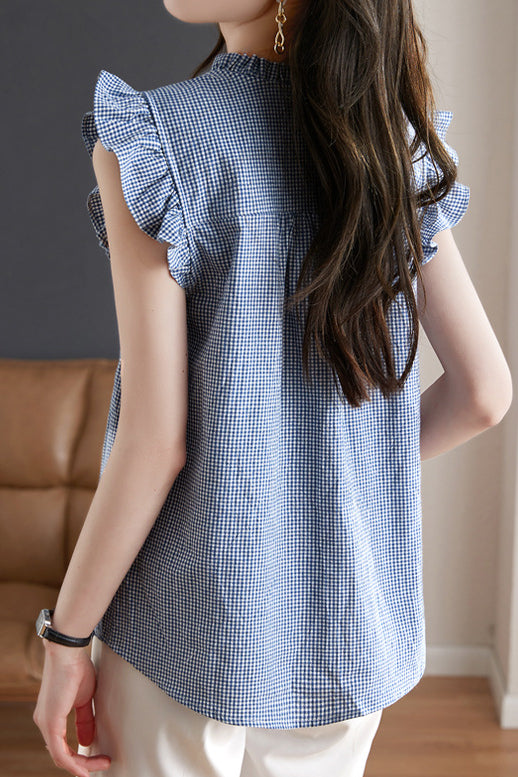 French Design Ruffled Sleeve Checkered Shirt - liwisi
