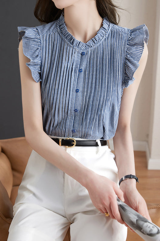 French Design Ruffled Sleeve Checkered Shirt - liwisi