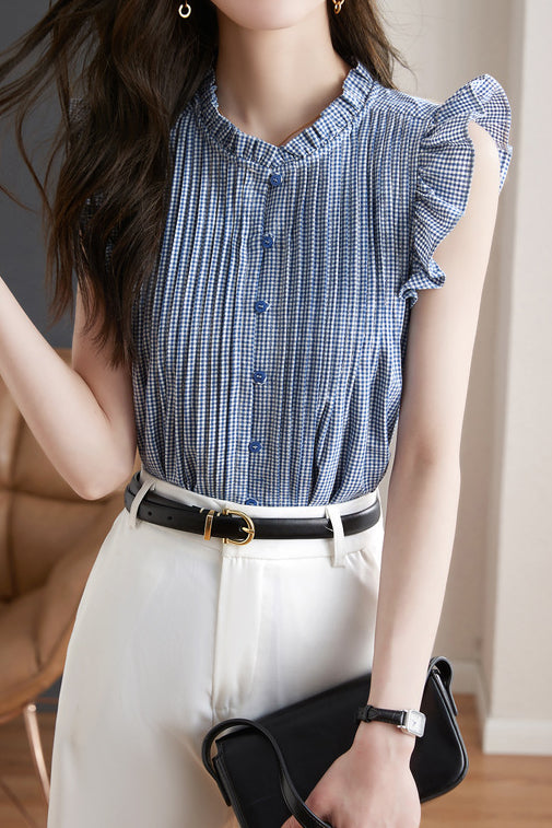 French Design Ruffled Sleeve Checkered Shirt - liwisi