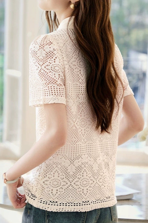 Hollow Out Textured Lace Collared Shirt - liwisi