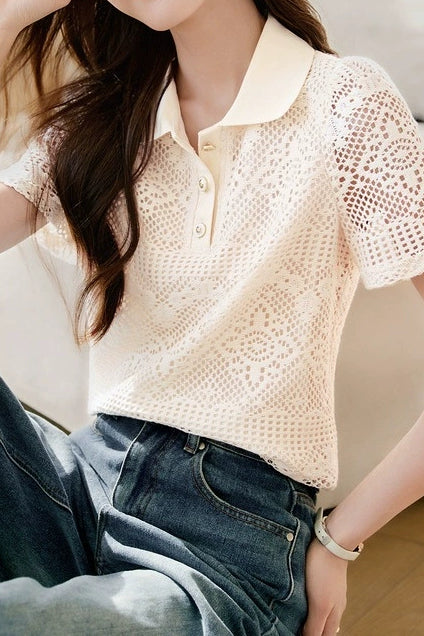 Hollow Out Textured Lace Collared Shirt - liwisi