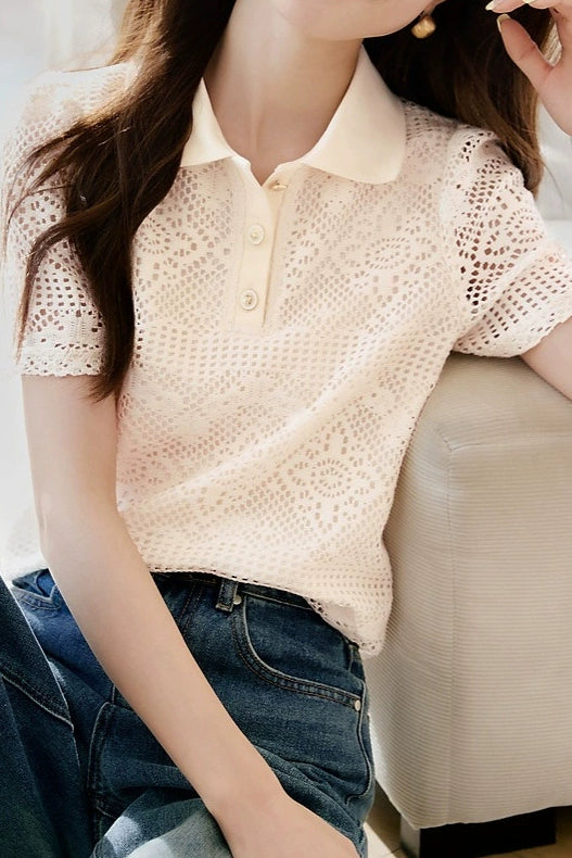 Hollow Out Textured Lace Collared Shirt - liwisi