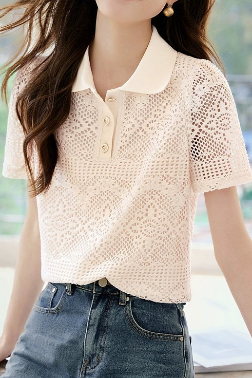 Hollow Out Textured Lace Collared Shirt - liwisi