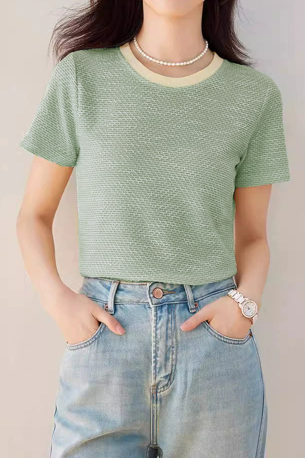 Color Block Round Neck Short Knit Top - liwisi