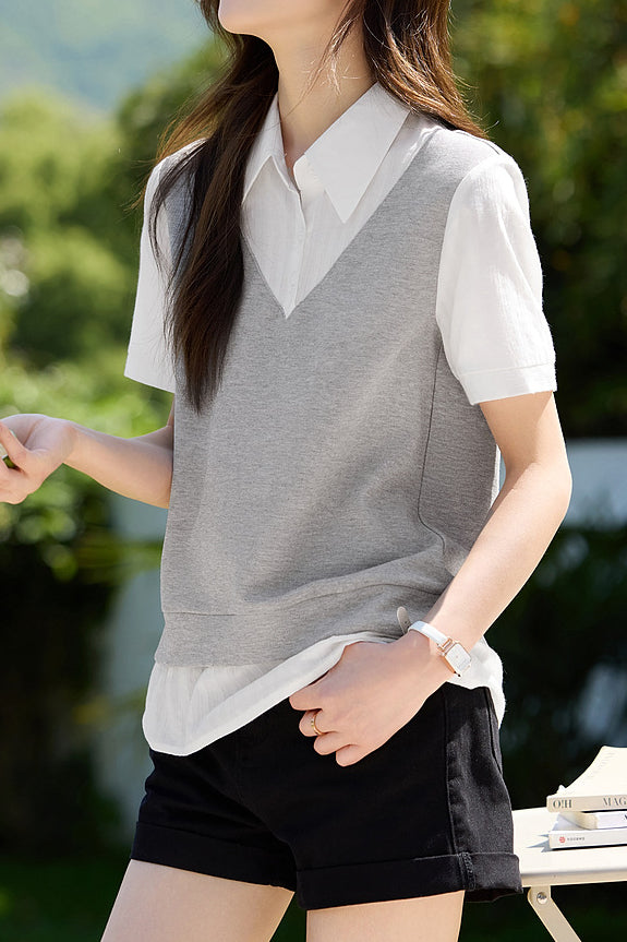 Color Block Spliced Short Sleeve Shirt - liwisi