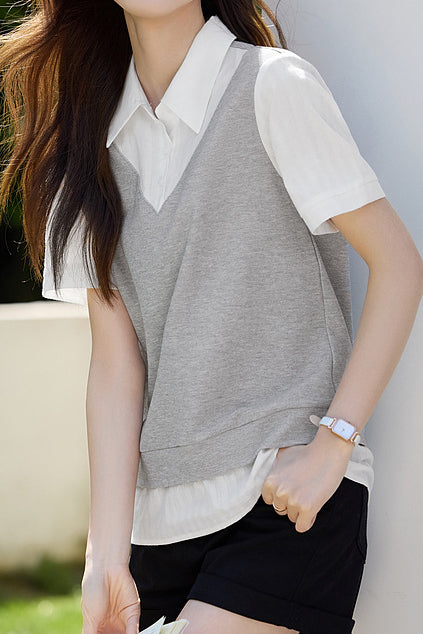 Color Block Spliced Short Sleeve Shirt - liwisi