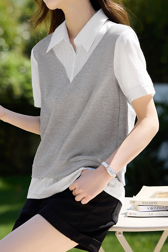 Color Block Spliced Short Sleeve Shirt - liwisi