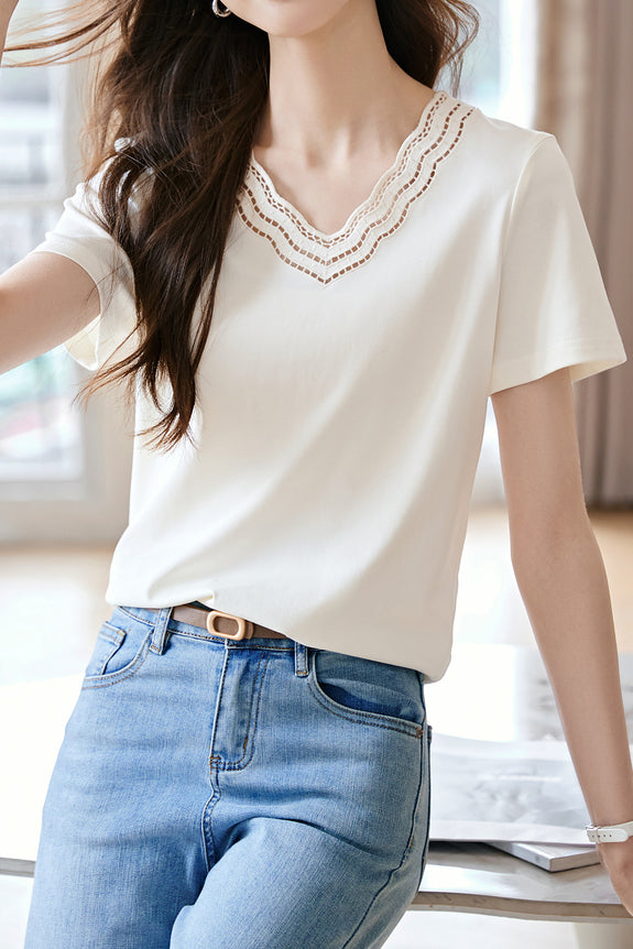 Casual Artistic V-Neck Embroidered T-Shirt - liwisi