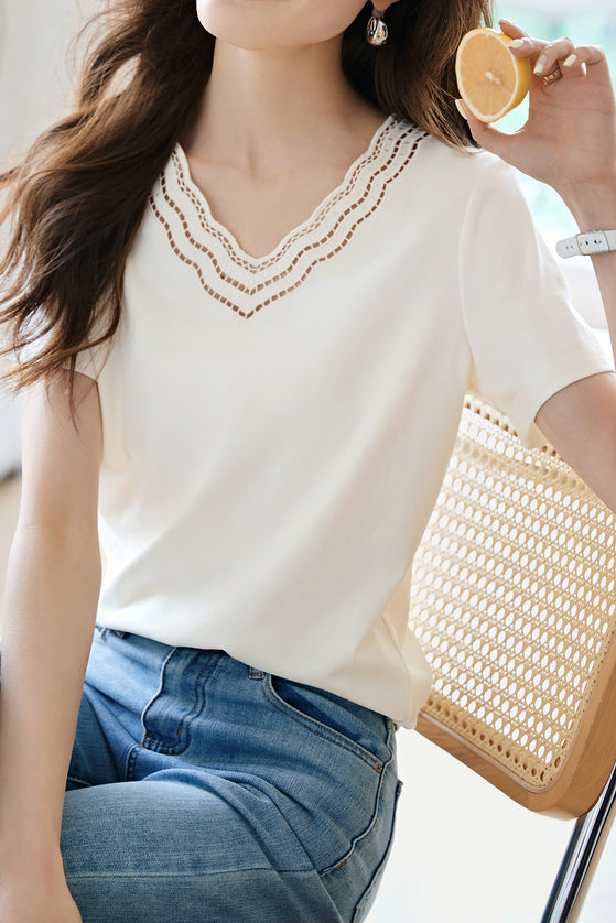 Casual Artistic V-Neck Embroidered T-Shirt - liwisi