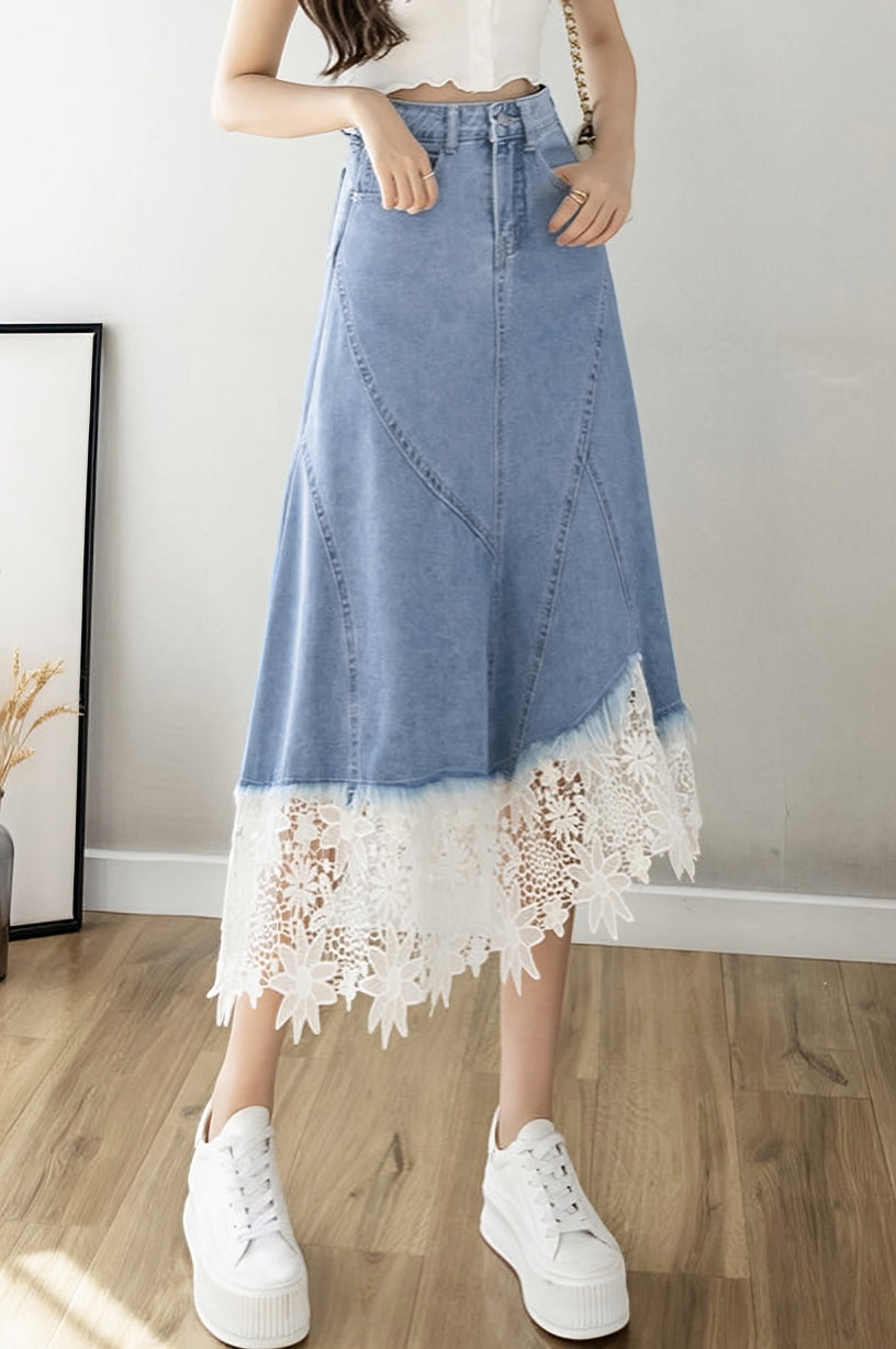 Elegant Lace Splicing Denim Skirt - liwisi