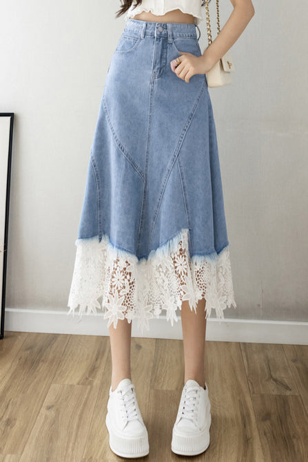 Elegant Lace Splicing Denim Skirt - liwisi