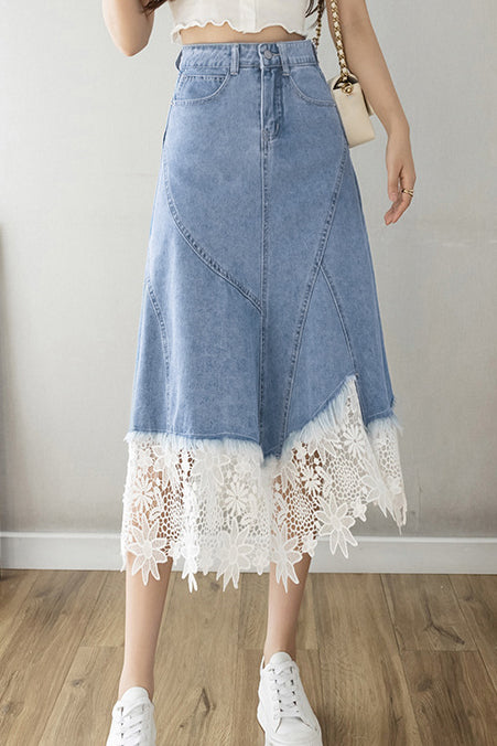 Elegant Lace Splicing Denim Skirt - liwisi