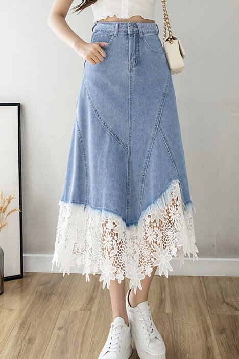 Elegant Lace Splicing Denim Skirt - liwisi