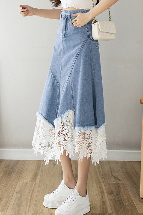 Elegant Lace Splicing Denim Skirt - liwisi