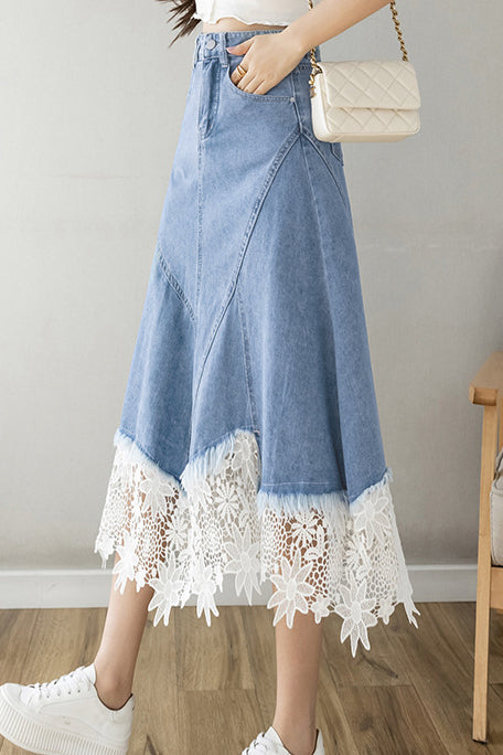Elegant Lace Splicing Denim Skirt - liwisi