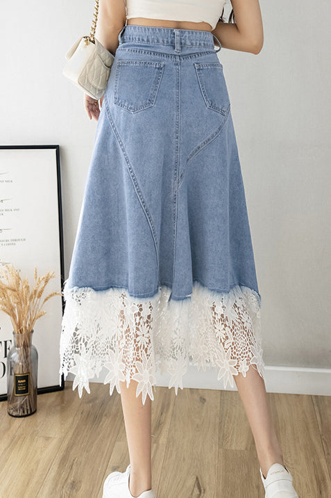 Elegant Lace Splicing Denim Skirt - liwisi