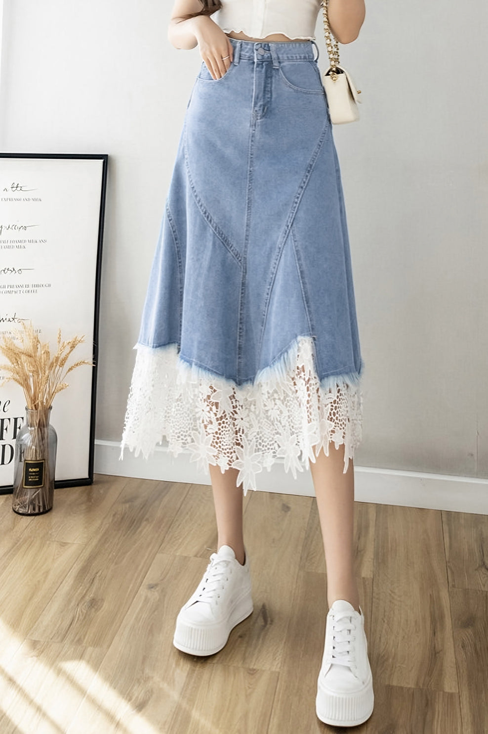 Elegant Lace Splicing Denim Skirt - liwisi
