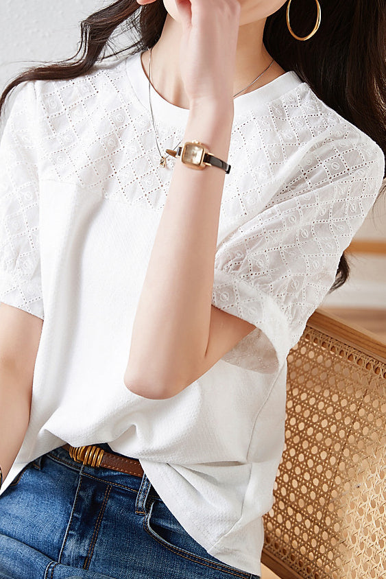 Cotton Embroidered Patchwork Versatile T-shirt - liwisi