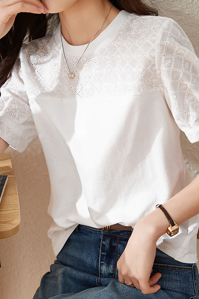 Cotton Embroidered Patchwork Versatile T-shirt - liwisi