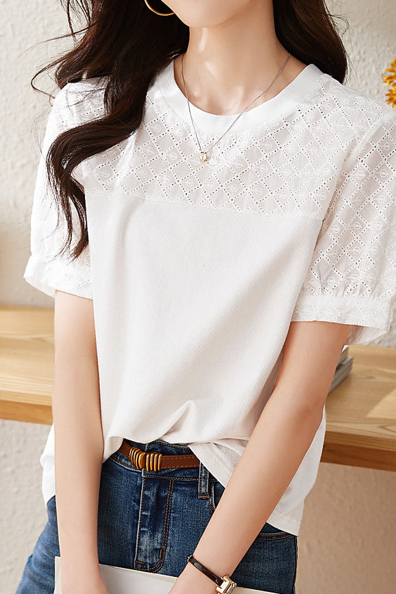 Cotton Embroidered Patchwork Versatile T-shirt - liwisi