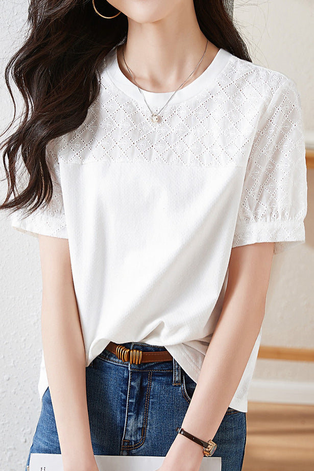 Cotton Embroidered Patchwork Versatile T-shirt - liwisi