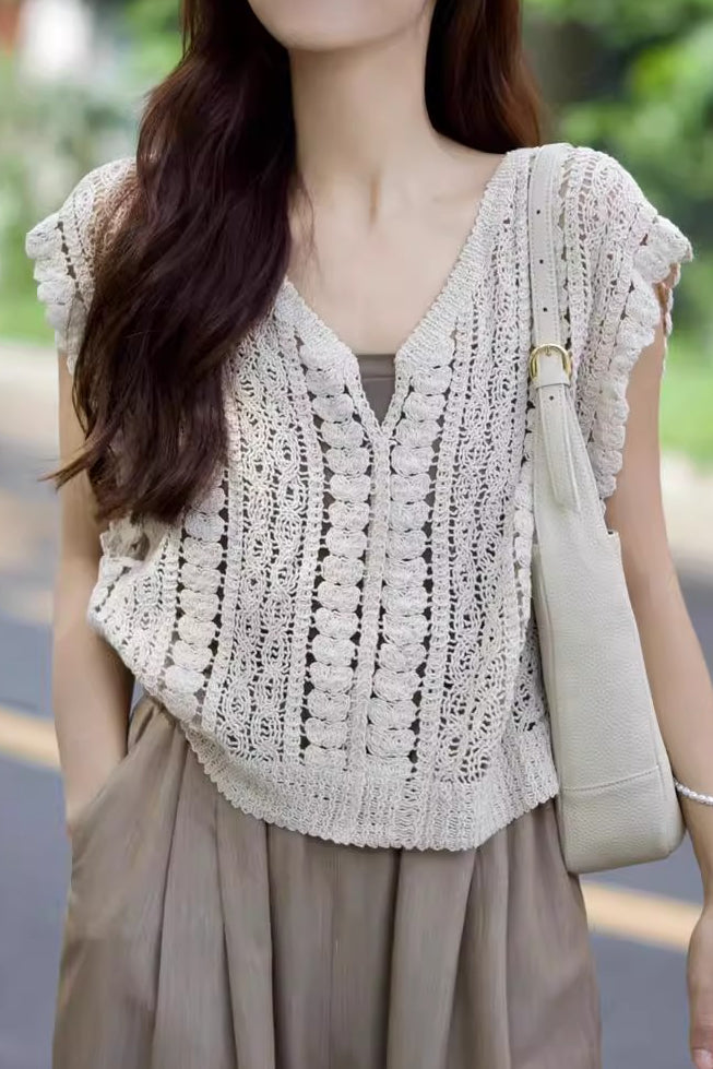 Casual Vacation Knit Hollow-out Three-piece Set - liwisi