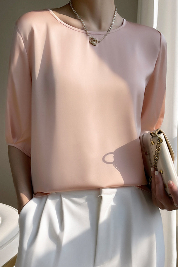 Loose Solid Color Acetate Satin T-Shirt - liwisi
