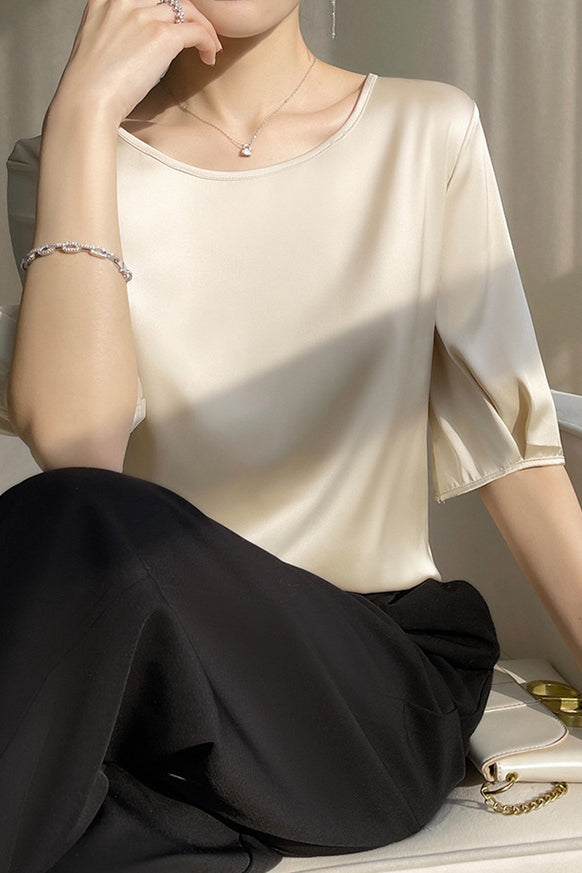 Loose Solid Color Acetate Satin T-Shirt - liwisi