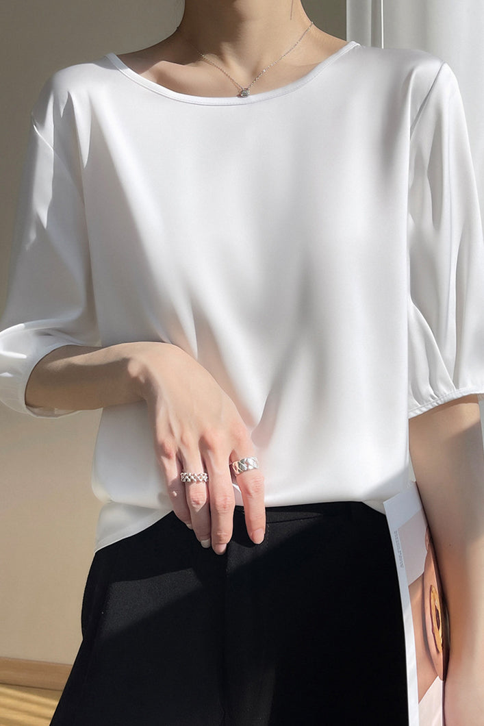 Loose Solid Color Acetate Satin T-Shirt - liwisi