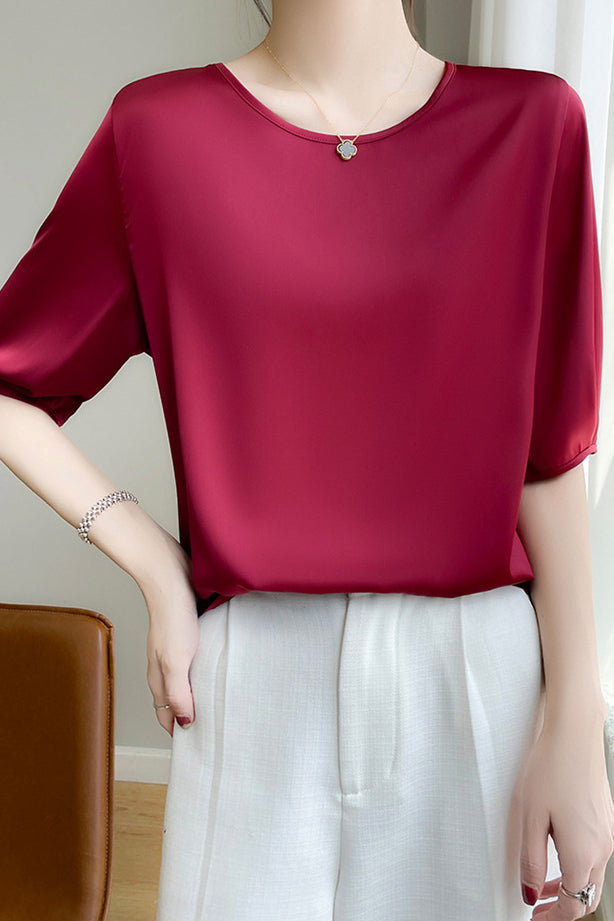 Loose Solid Color Acetate Satin T-Shirt - liwisi