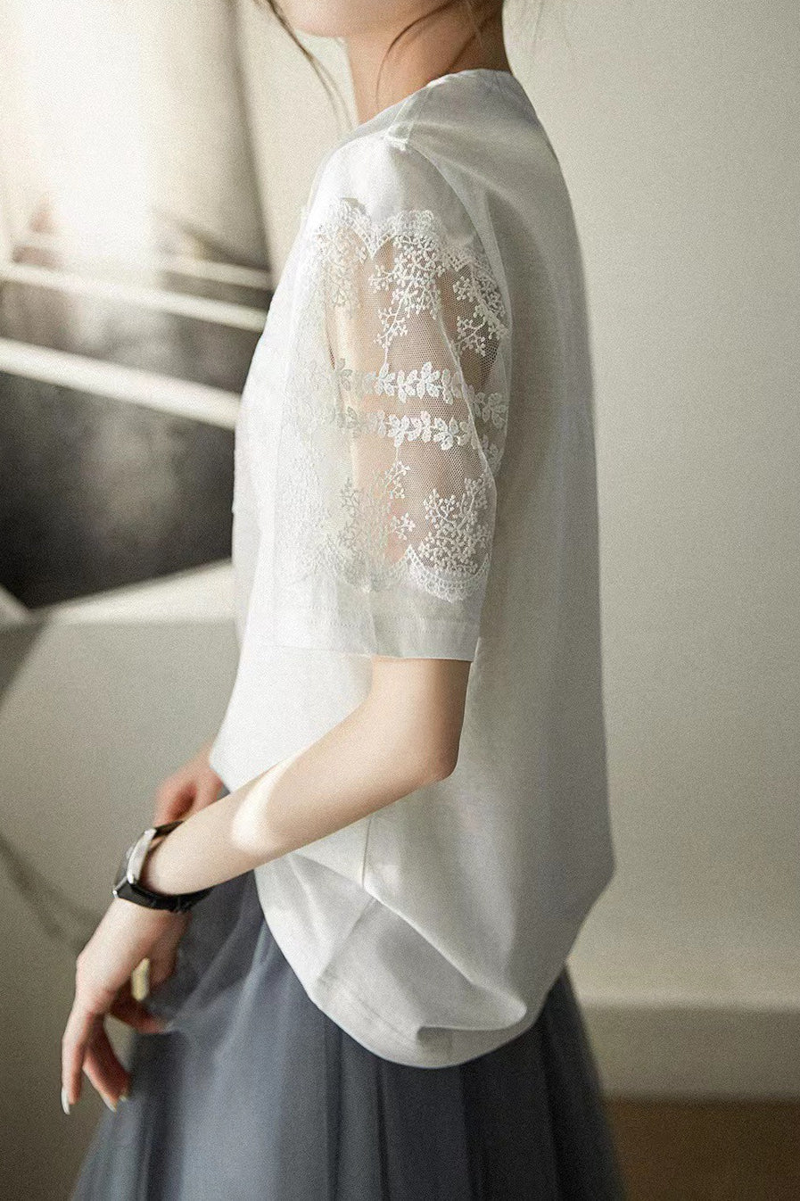Lace Spliced T-Shirt - liwisi