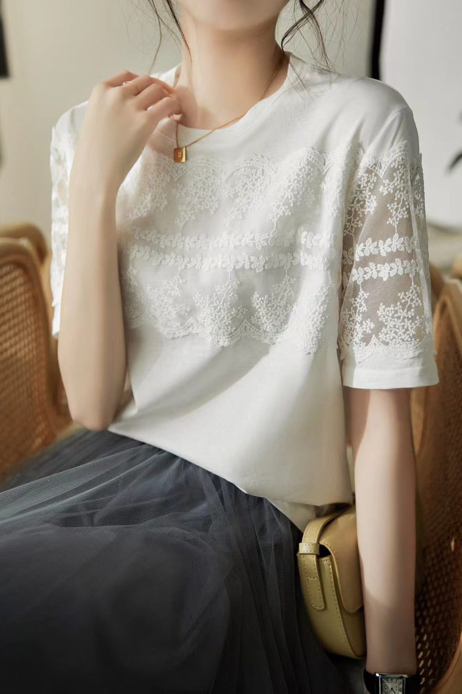Lace Spliced T-Shirt - liwisi