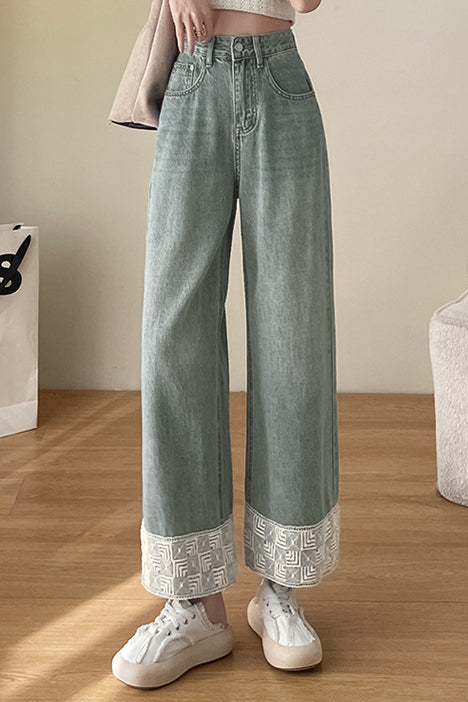 Nine-Tenths Straight Leg Lace Spliced Jeans - liwisi