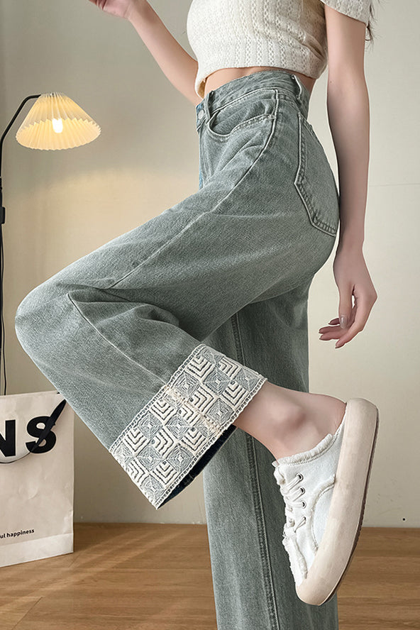 Nine-Tenths Straight Leg Lace Spliced Jeans - liwisi