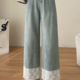Nine-Tenths Straight Leg Lace Spliced Jeans - liwisi