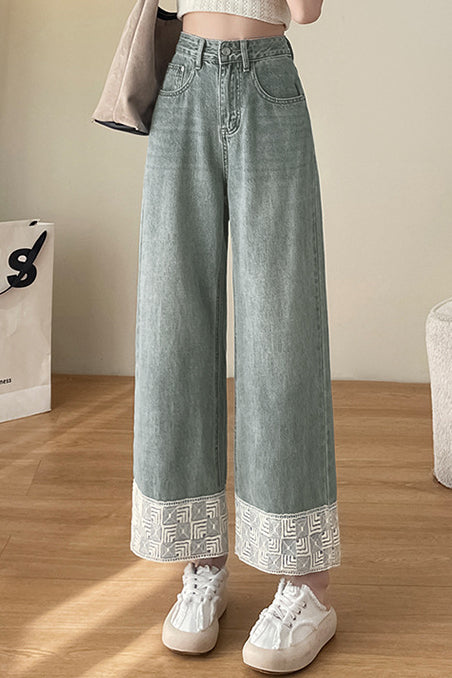 Nine-Tenths Straight Leg Lace Spliced Jeans - liwisi