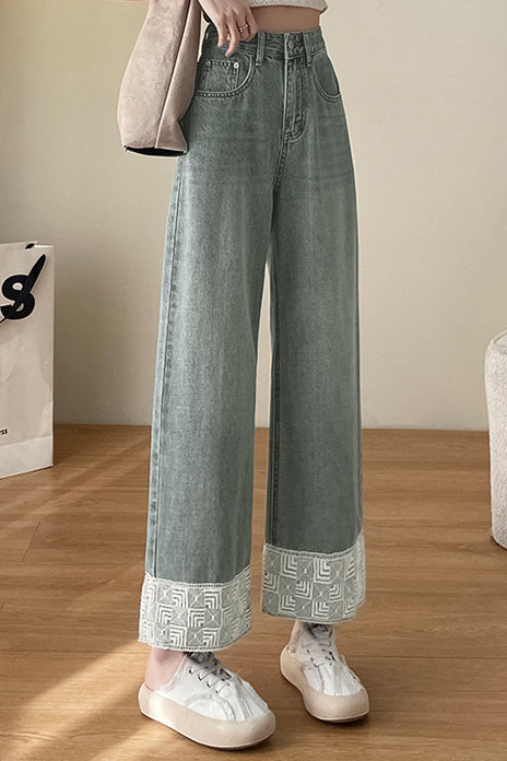 Nine-Tenths Straight Leg Lace Spliced Jeans - liwisi