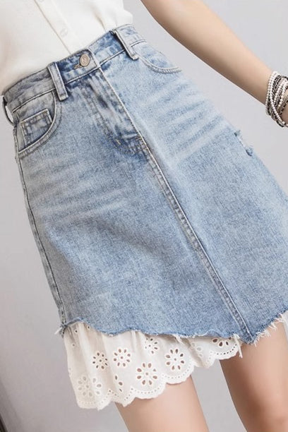 Lace-Trimmed Denim Skirt - liwisi