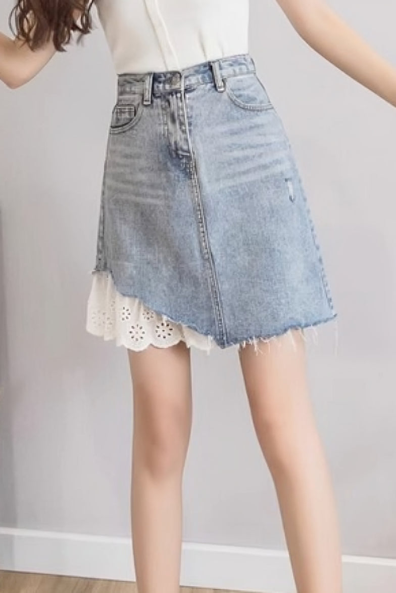 Lace-Trimmed Denim Skirt - liwisi
