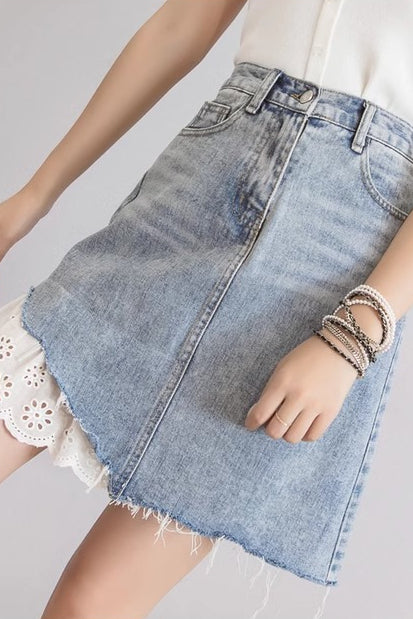 Lace-Trimmed Denim Skirt - liwisi