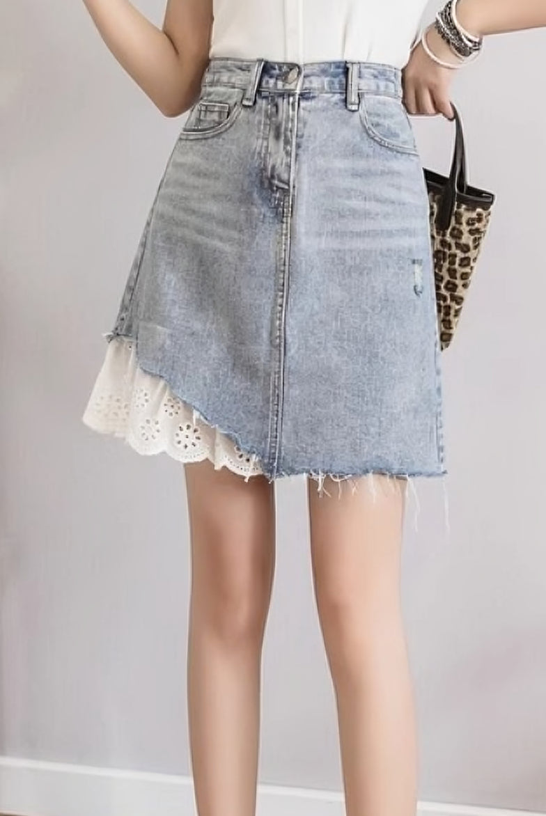 Lace-Trimmed Denim Skirt - liwisi