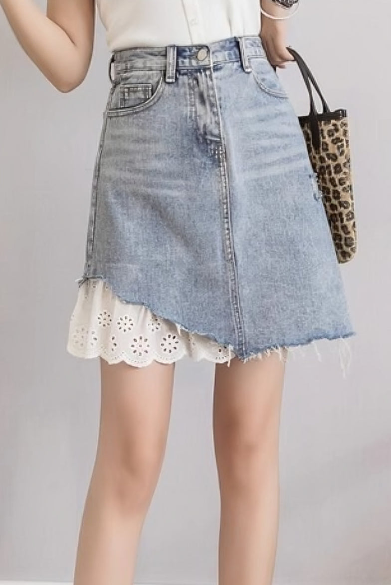 Lace-Trimmed Denim Skirt - liwisi